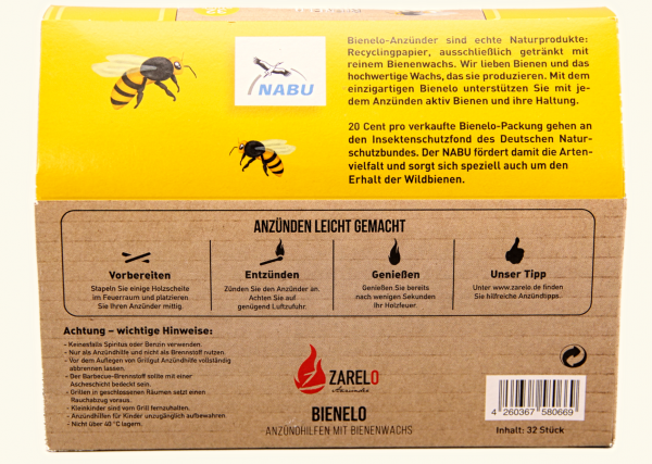 6 x Zarelo Bienelo Bio Kamin-Anzünder mit Bienenwachs Offen-Grill Feueranzünder Mellerud