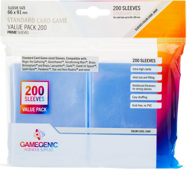 Gamegenic, PRIME Standard Sleeve Value Pack 200, Sleeve color code: Gray