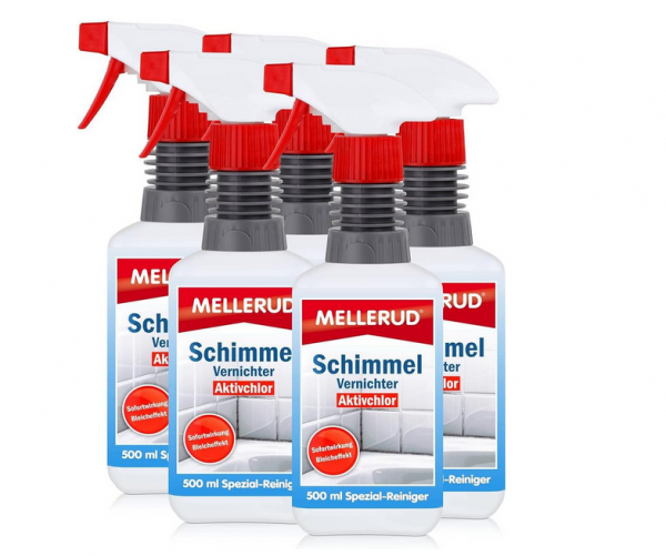 MELLERUD 5 x 500 ml Schimmel Vernichter Plus Aktivchlor Schaumspray Schimmelentfernung auf Fliesen,