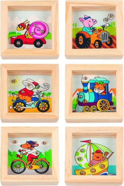 Geduldspiele mit Stahlkugeln, 6,5 x 6,5 x 1,8 cm, Holz, 6fach sortiert, 12er Display, 56772