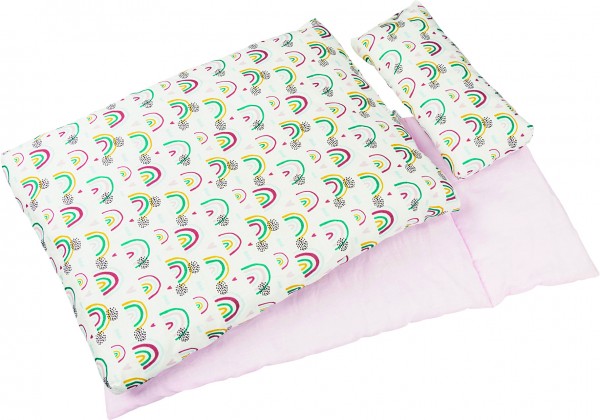 Puppenbettzeug Regenbogen, Kopfkissen= 22 x 10 cm, Oberbett= 41 x 31 cm,, 51518