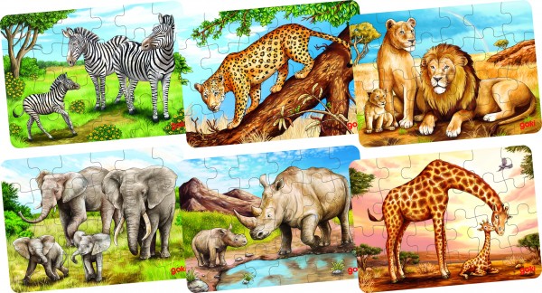 Minipuzzle Afrikanische Tiere, 16,5 x 12 x 0,3 cm, Holz, 24 Teile, 6fach sortiert, 36er, 57419
