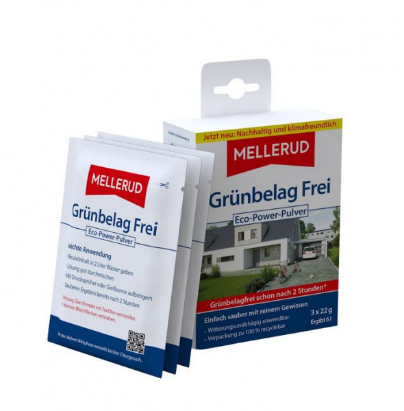 MELLERUD Grünbelag Frei | 3 x 22 g | Effizientes Eco-Power-Pulver zum Entfernen von Algen und Grünbe