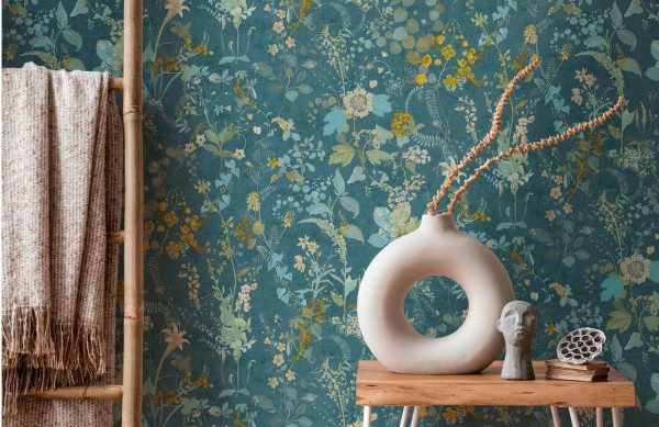 S. Création The BOS, Florale Tapete, petrol, blau 388253